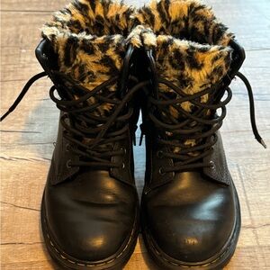 Dr. Martens Kids Black Boots with Leopard Print Lining